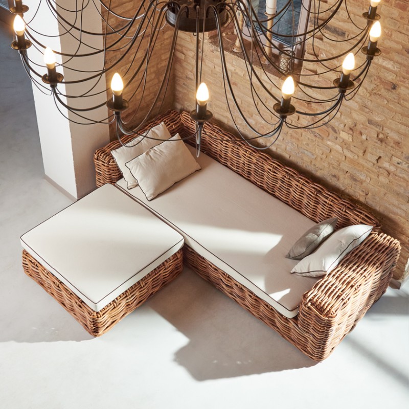 Divano-letto con penisola in rattan naturale rustico